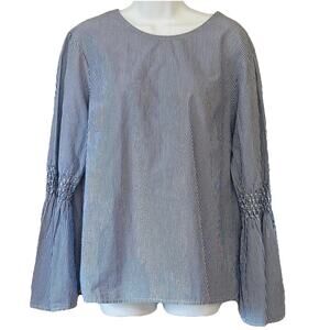 Beach Lunch Lounge Blouse Size XL Blue Stripe Bell Flare Sleeves Smocking